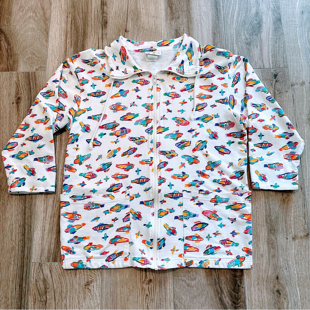 Vintage 1986 Ken Done Art to Wear 3/4 Length Sleeve Zip Up Fish Sweatshirt Sm M